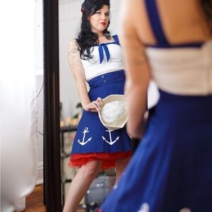 Hot Topic Blue and White Nautical Crop top & skirt
